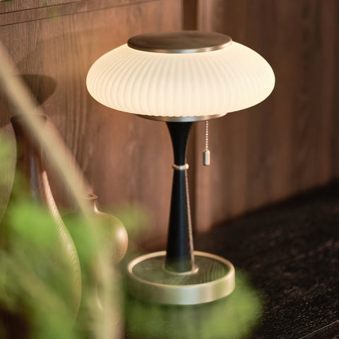 Table Lamp with Ribbed Glass Mushroom Shade and Wooden Stem