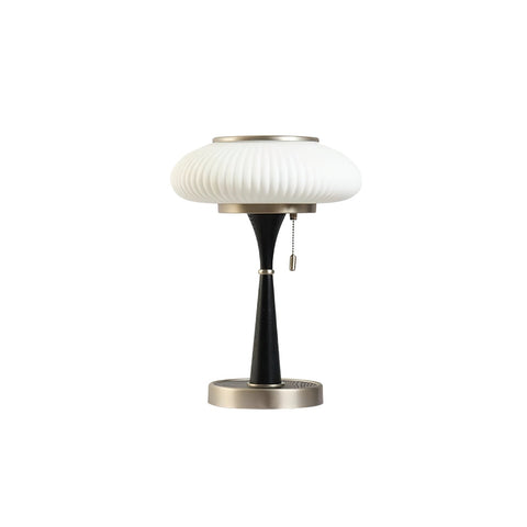 Table Lamp with Ribbed Glass Mushroom Shade and Wooden Stem