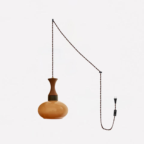 Amber Glass Pendant Light with Wood and Metal Details