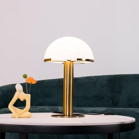 Table Lamp with Alabaster Shade and Bronze Mushroom Base