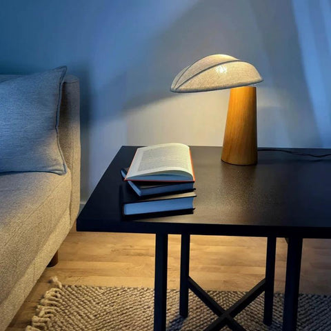 Mushroom-Shaped Wood Table Lamp with Fabric Shade — product view