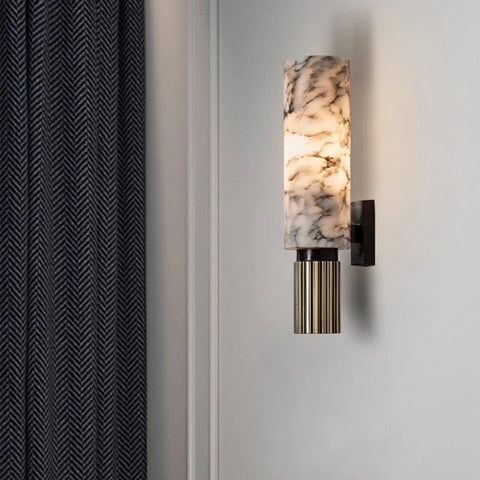 Marble Effect Wall Sconce with Cylindrical Shade and Decorative Metal Base