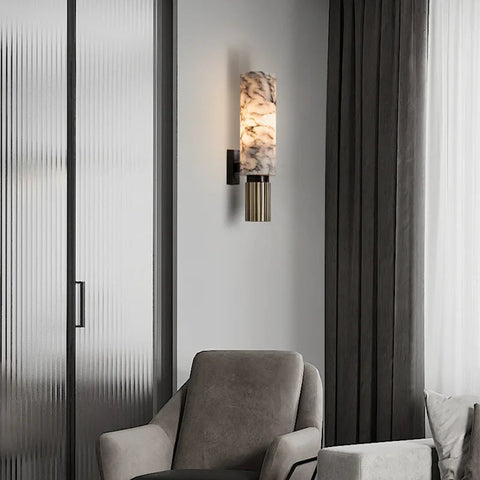 Marble Effect Wall Sconce with Cylindrical Shade and Decorative Metal Base