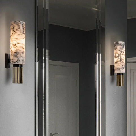 Marble Effect Wall Sconce with Cylindrical Shade and Decorative Metal Base
