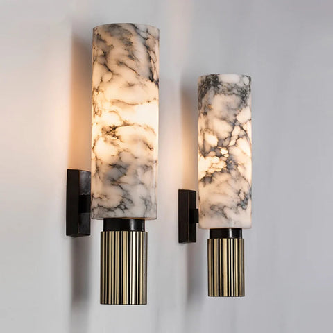 Marble Effect Wall Sconce with Cylindrical Shade and Decorative Metal Base