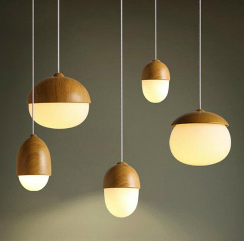 Pendant Light with Frosted Glass Shade and Wood Grain Acorn Design