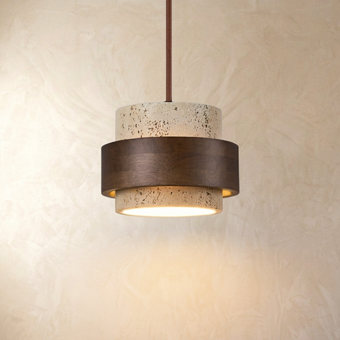 Natural Travertine and Walnut Pendant Light