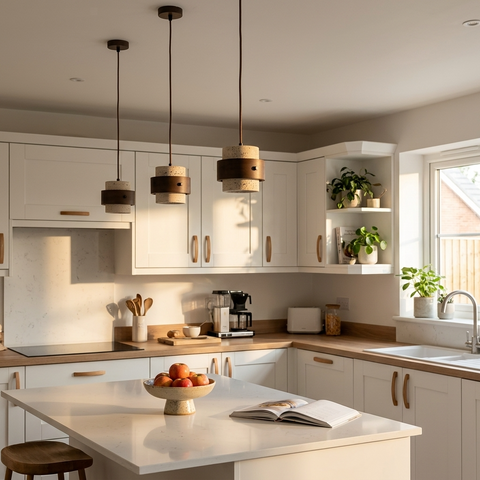 Natural Travertine and Walnut Pendant Light