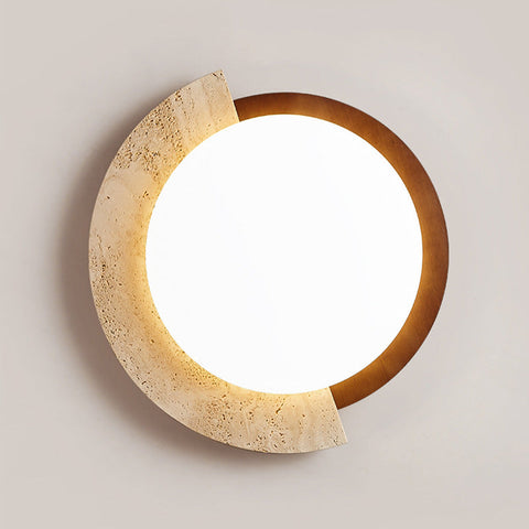 Ceiling Light with Geometric Travertine and Wood-Look Ring