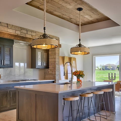 Pendant Light with Hemp Rope and Iron Shade