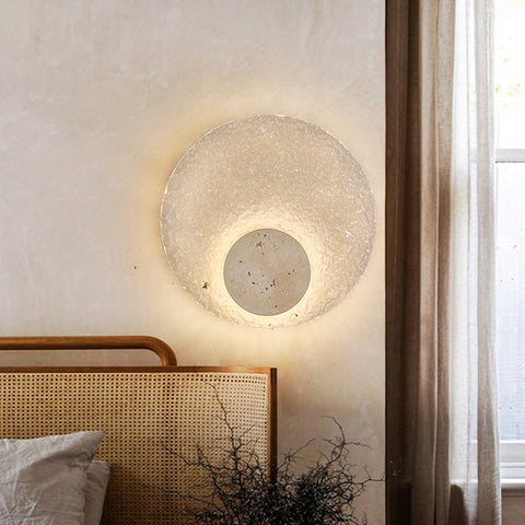 Modern Round Acrylic and Travertine LED Wall Lamp with Warm or Three-Color Lighting
