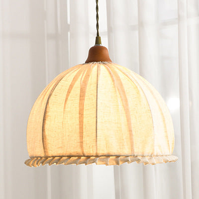 Pendant Light with Pleated Linen Dome Shade and Wood Cap