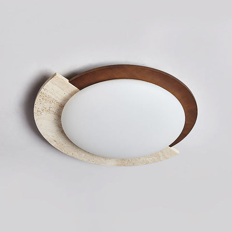 Ceiling Light with Geometric Travertine and Wood-Look Ring
