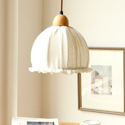 Pendant Light with Pleated Linen Dome Shade and Wood Cap