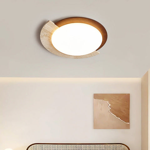 Ceiling Light with Geometric Travertine and Wood-Look Ring