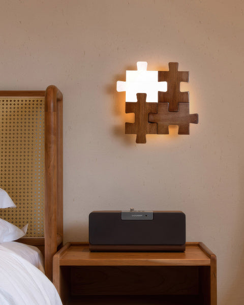 Wooden Puzzle LED Wall Lamp with Decorative Interlocking Design and Soft Ambient Lighting