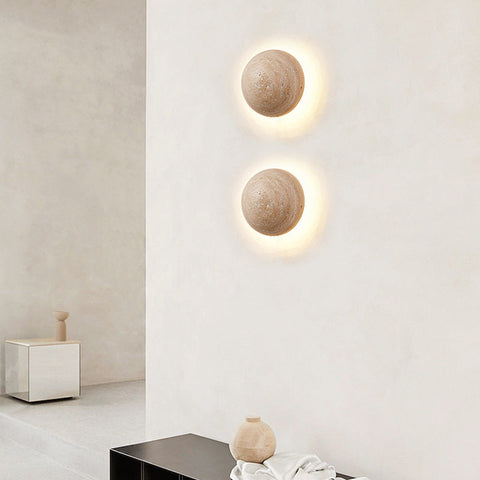 Wall Light with Round Travertine Disc and Pull-Cord Accent