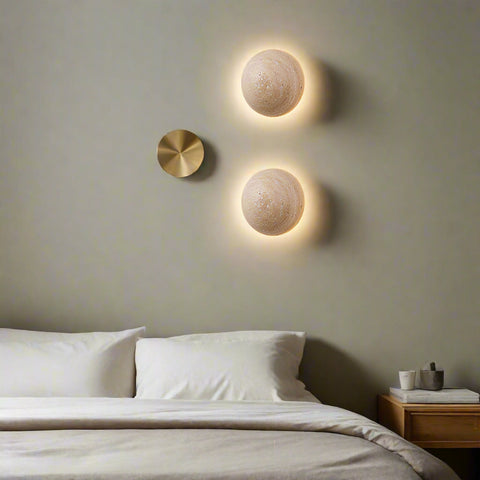 Wall Light with Round Travertine Disc and Pull-Cord Accent