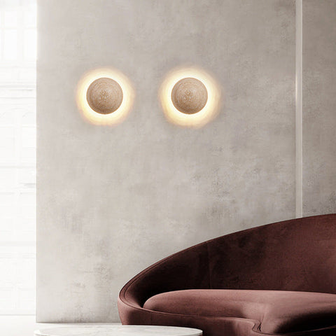 Wall Light with Round Travertine Disc and Pull-Cord Accent
