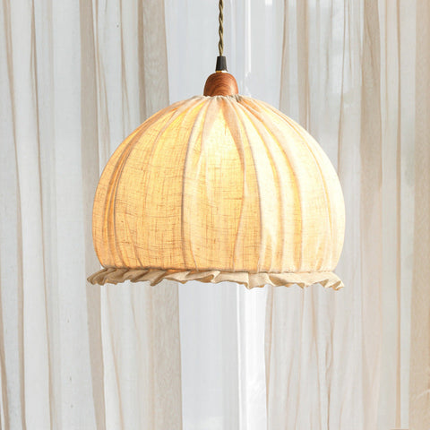 Pendant Light with Pleated Linen Dome Shade and Wood Cap