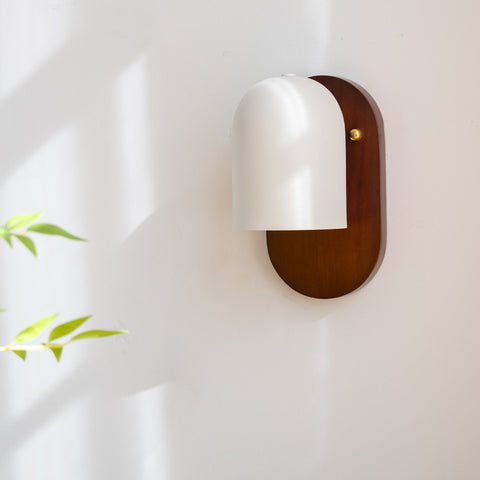 Walnut Wood and Metal Wall Sconce with Minimalist Shade for Bedside