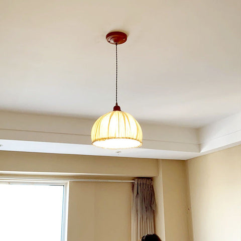 Pendant Light with Pleated Linen Dome Shade and Wood Cap