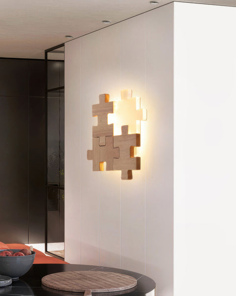Wooden Puzzle LED Wall Lamp with Decorative Interlocking Design and Soft Ambient Lighting