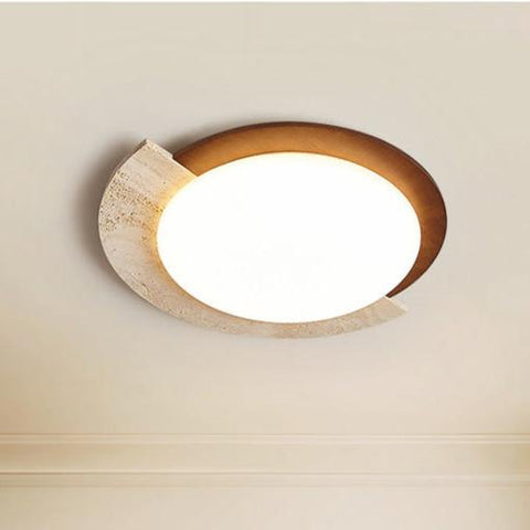 Ceiling Light with Geometric Travertine and Wood-Look Ring