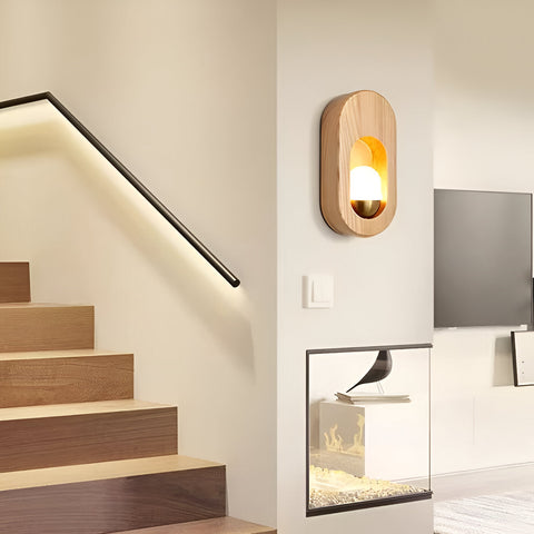 Wall Light with Oval Wood Frame and Recessed Glass Globe