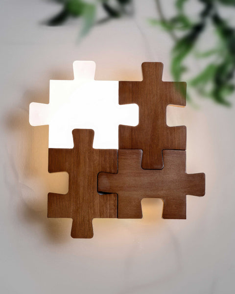 Wooden Puzzle LED Wall Lamp with Decorative Interlocking Design and Soft Ambient Lighting