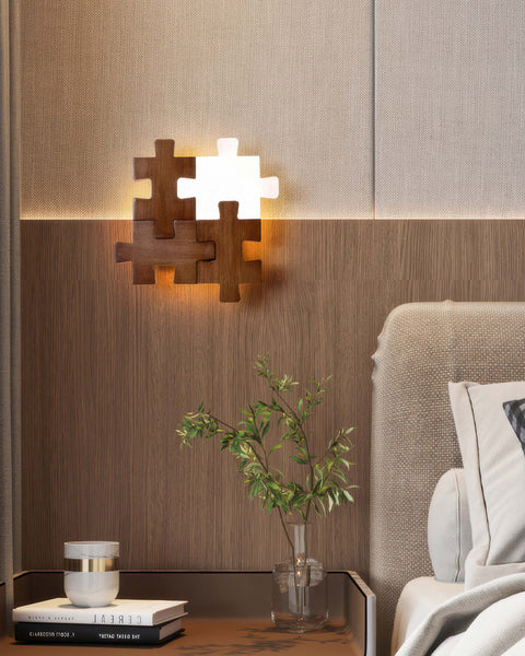 Wooden Puzzle LED Wall Lamp with Decorative Interlocking Design and Soft Ambient Lighting