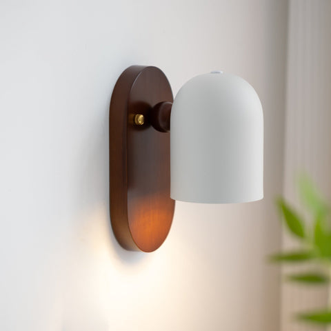 Walnut Wood and Metal Wall Sconce with Minimalist Shade for Bedside