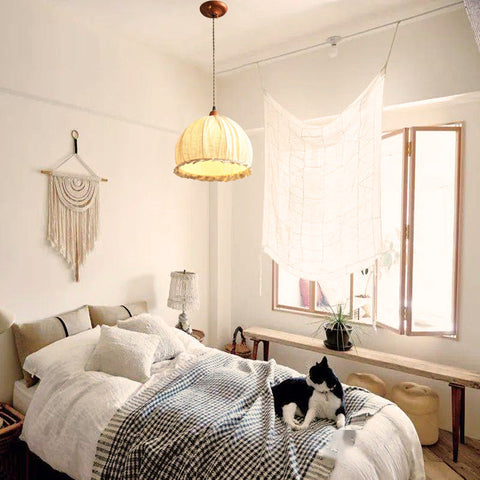 Pendant Light with Pleated Linen Dome Shade and Wood Cap