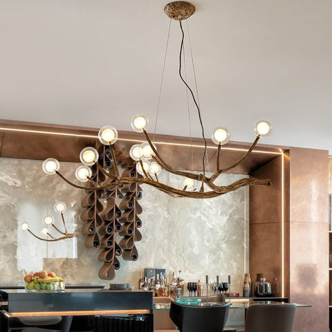 Branch Chandelier with Glass Globes for Rustic Dining and Living Rooms