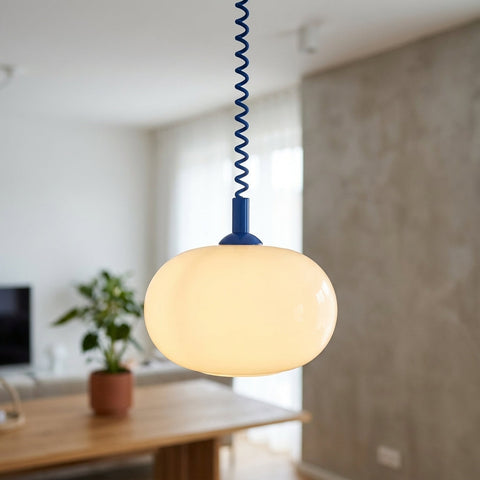 Rounded Glass Pendant Light with Adjustable Hanging Cable and Metal Fittings