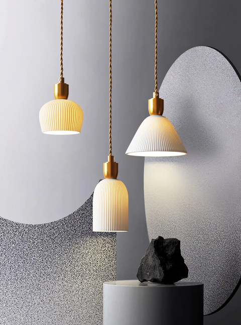 Pendant Light with Pleated Ceramic Shade and Adjustable Hanging Cord