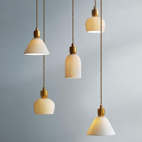 Pendant Light with Pleated Ceramic Shade and Adjustable Hanging Cord