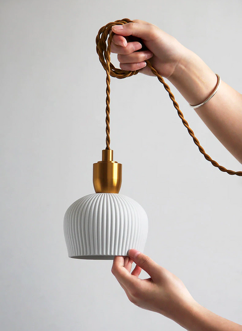 Pendant Light with Pleated Ceramic Shade and Adjustable Hanging Cord