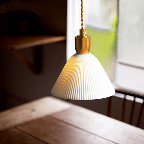 Pendant Light with Pleated Ceramic Shade and Adjustable Hanging Cord