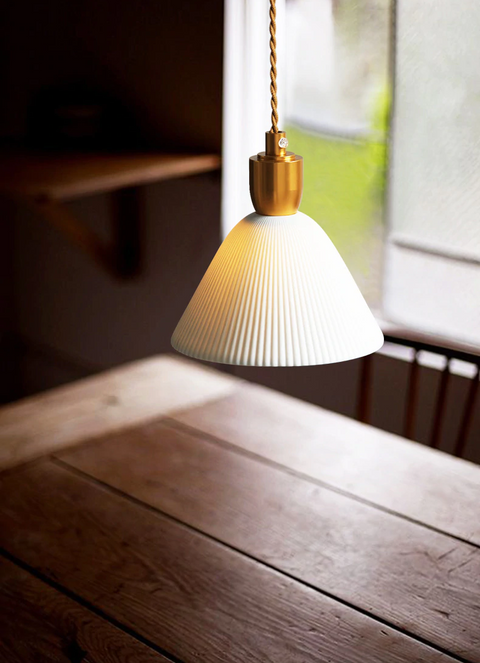 Pendant Light with Pleated Ceramic Shade and Adjustable Hanging Cord