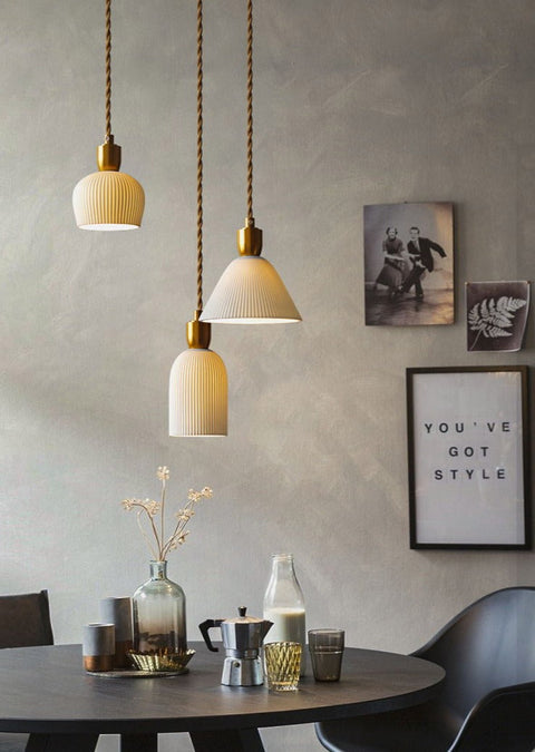 Pendant Light with Pleated Ceramic Shade and Adjustable Hanging Cord