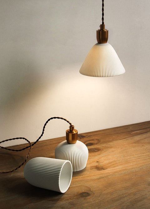 Pendant Light with Pleated Ceramic Shade and Adjustable Hanging Cord