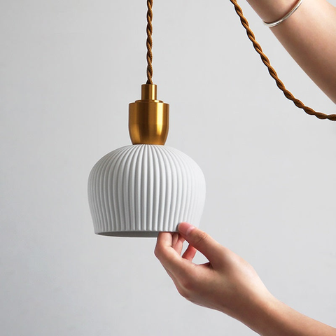 Pendant Light with Pleated Ceramic Shade and Adjustable Hanging Cord