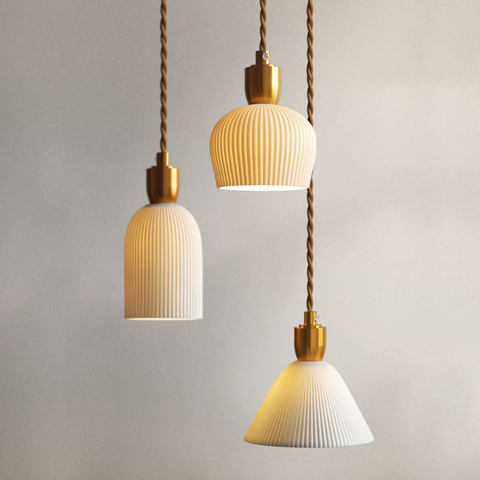 Pendant Light with Pleated Ceramic Shade and Adjustable Hanging Cord