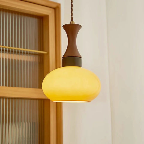 Glass Dome Pendant Light with Wood Accent