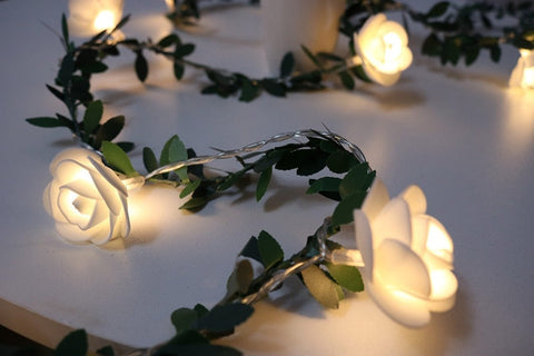 LED Rose Garland String Lights with Leaf Detail and Battery Power
