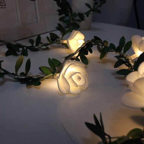 LED Rose Garland String Lights with Leaf Detail and Battery Power
