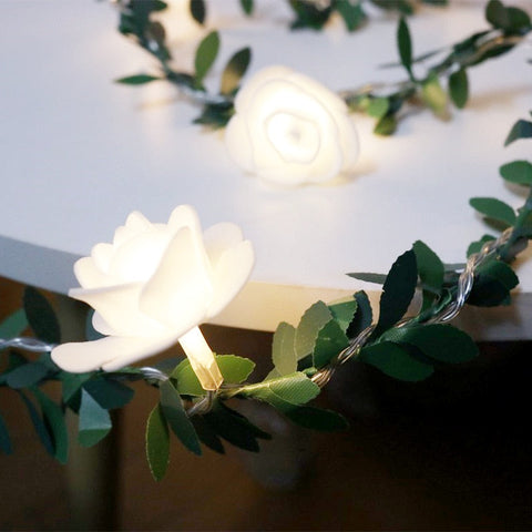 LED Rose Garland String Lights with Leaf Detail and Battery Power