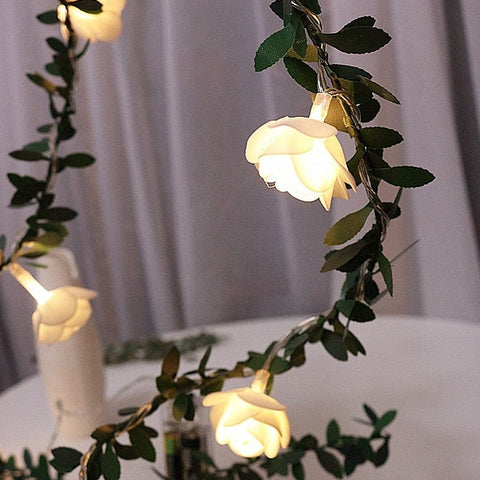 LED Rose Garland String Lights with Leaf Detail and Battery Power