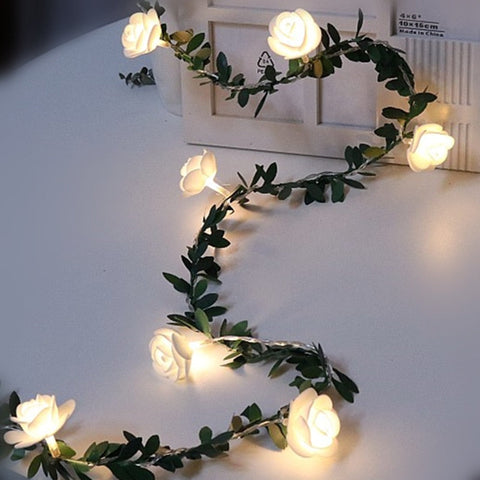 LED Rose Garland String Lights with Leaf Detail and Battery Power